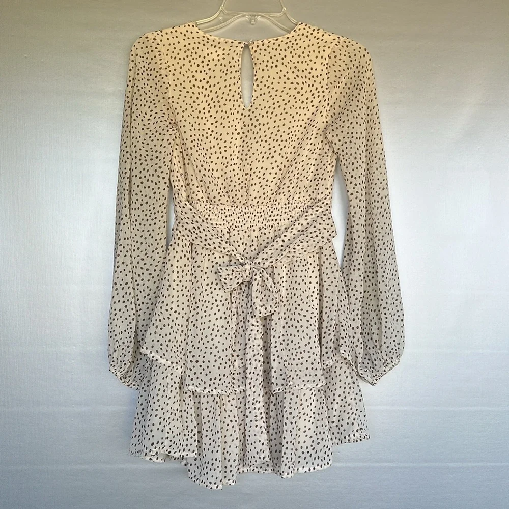 Japna Long Sleeve V-neck Polka Dot Frilly Tan &Brown Dress Size XS Tie back